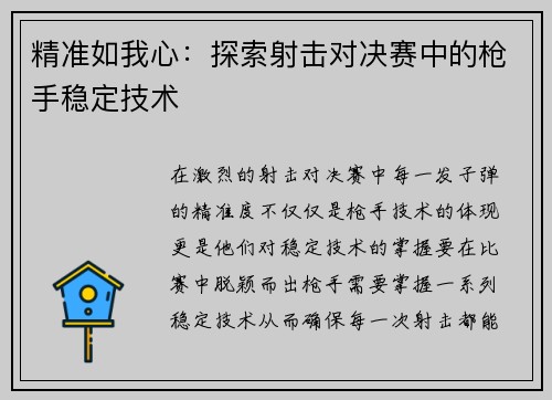 精准如我心：探索射击对决赛中的枪手稳定技术